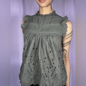 Adiva Olive Green Baby Doll Top Womens Size XS Eyelet Lace Trim Ruffled Sleeves